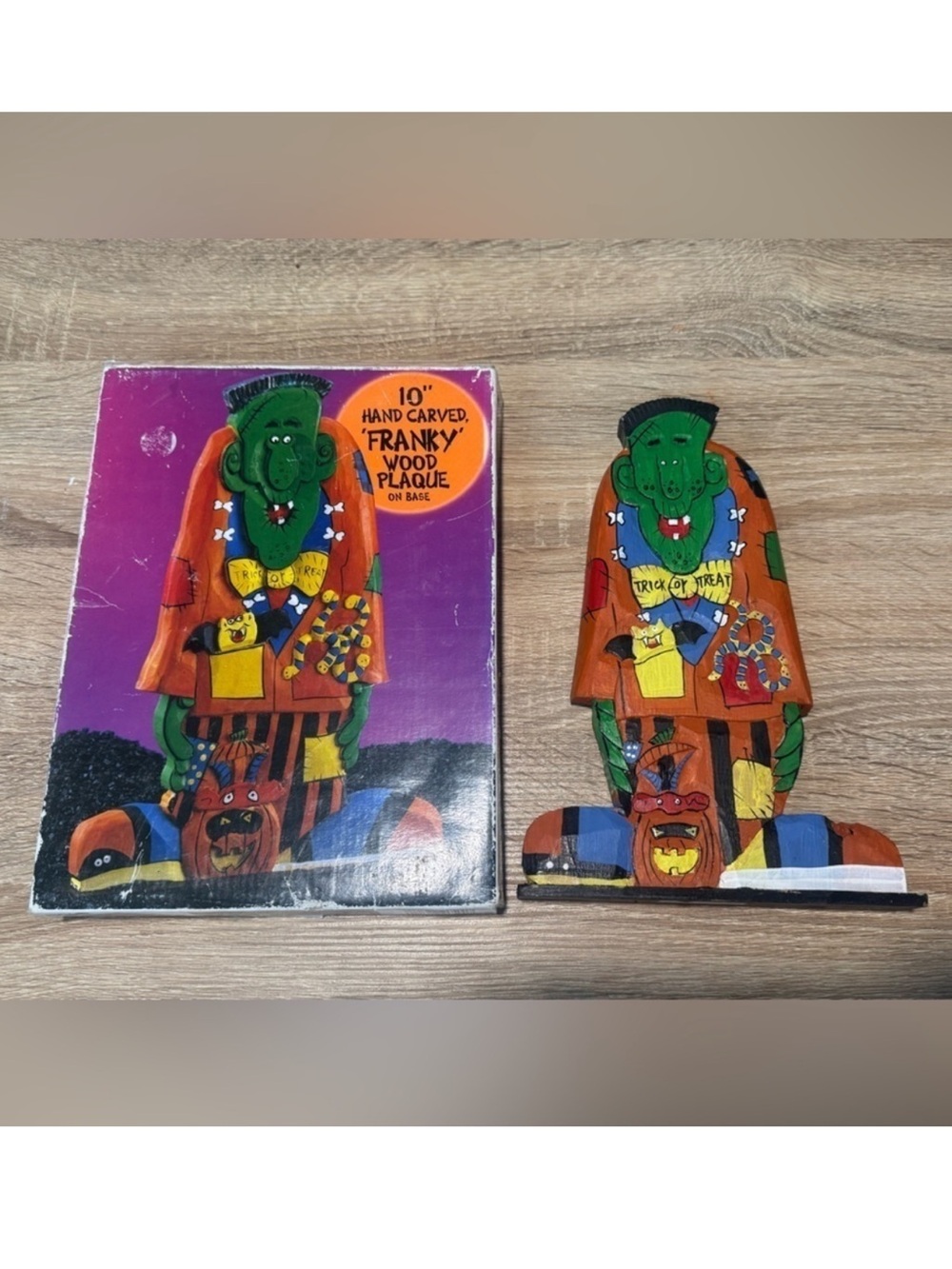 Vintage wood 10" Halloween Hand Painted Frankenstein standing party decor fun